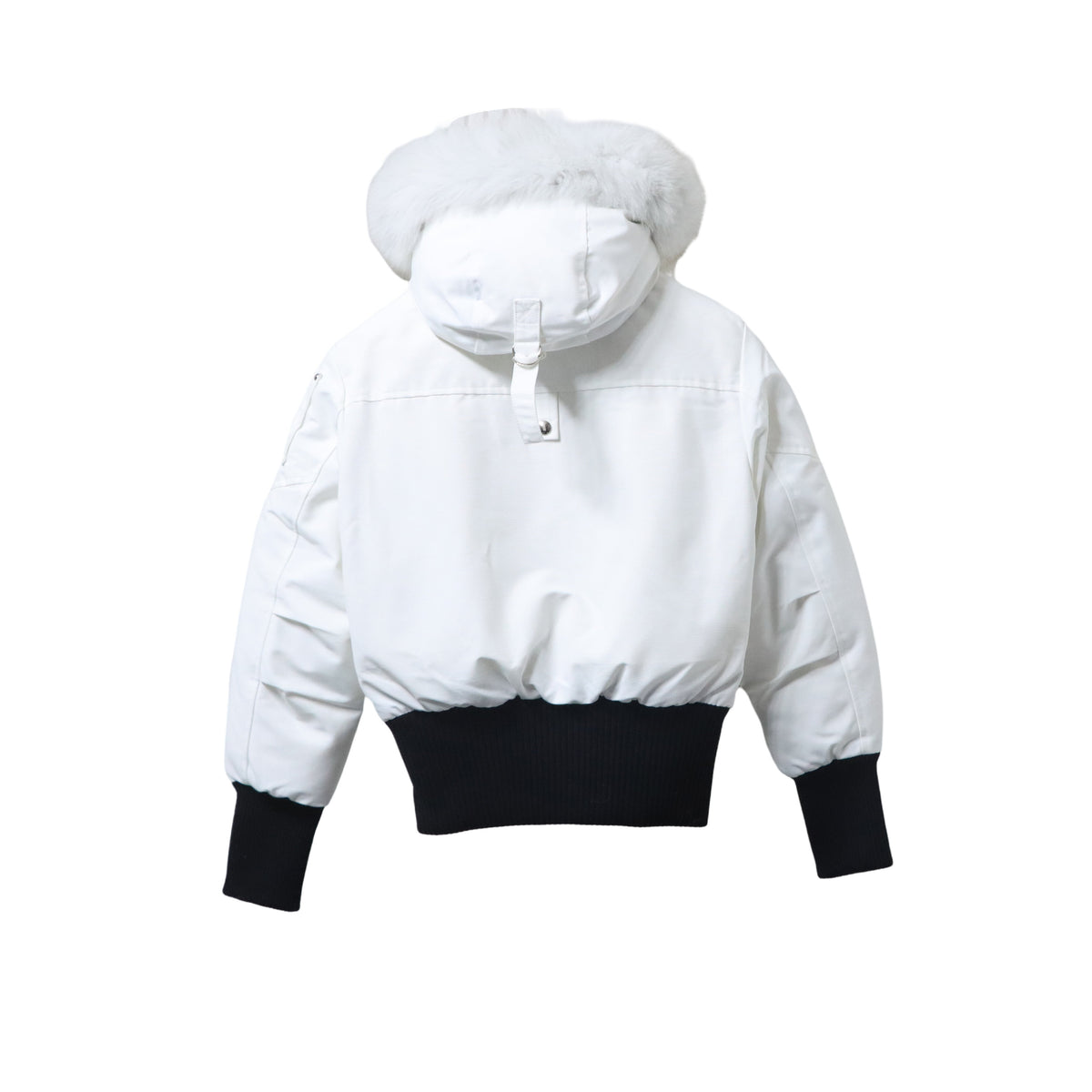 Moose Knuckles White Down Bomber Jacket with Fur Hood and Black Ribbed Trim