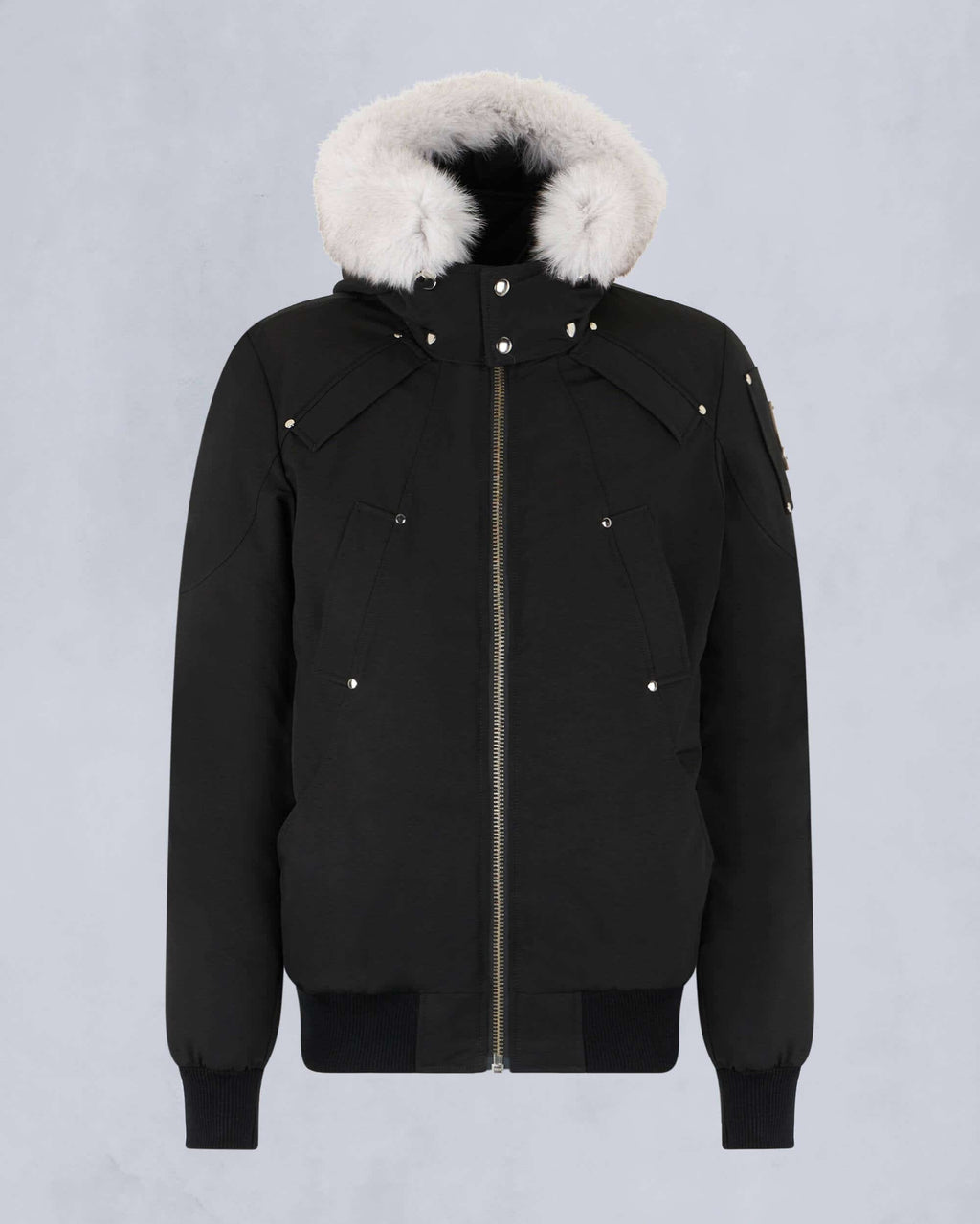 Moose Knuckles Black Down Bomber Jacket with White Fur Hood and Silver Hardware