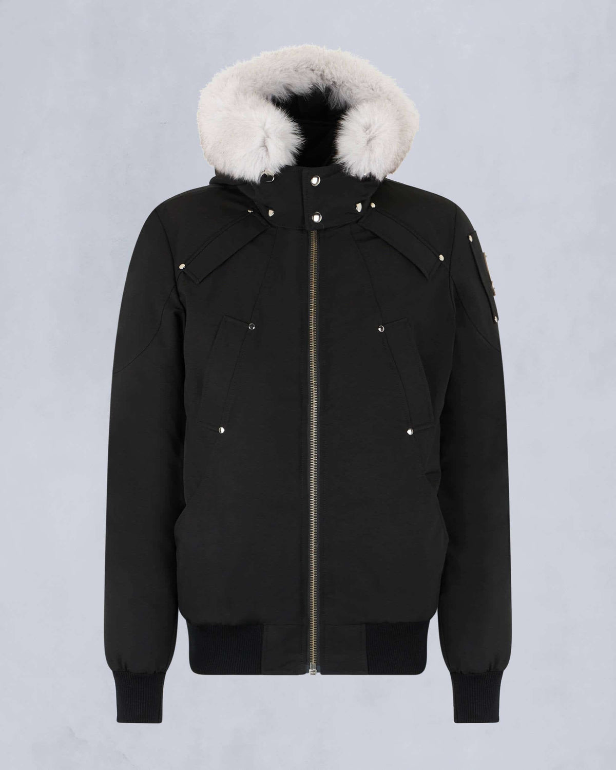 Moose Knuckles Black Down Bomber Jacket with White Fur Hood and Silver Hardware