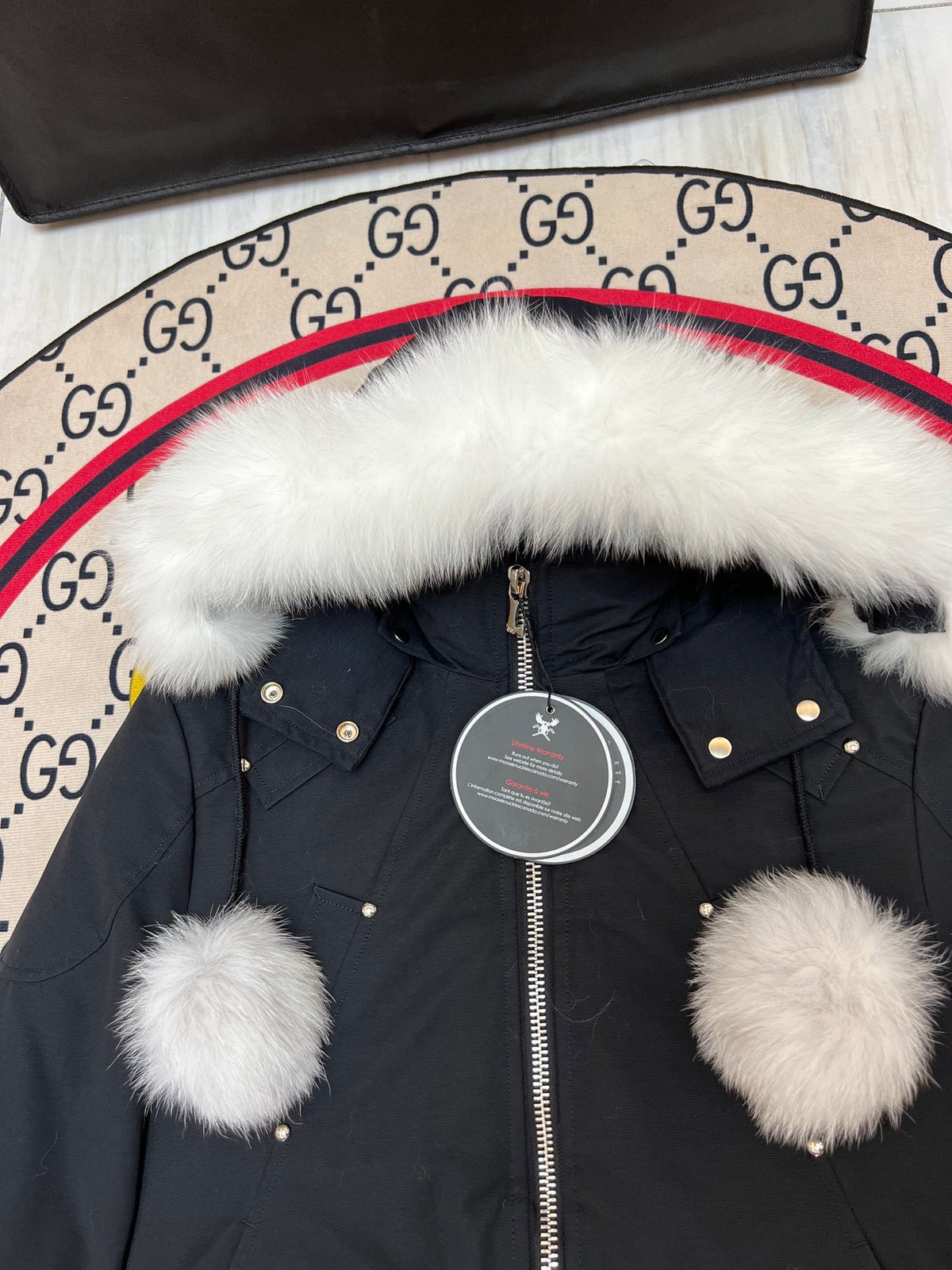 Moose Knuckles Black Crystal Down Jacket with Fur Trim