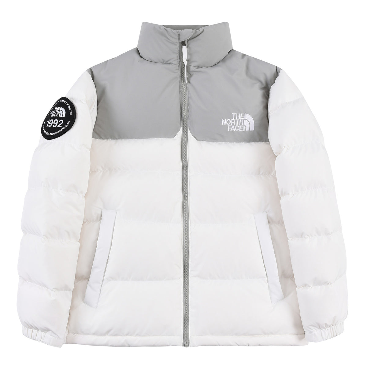 The North Face White and Grey 1992 Heritage Nuptse Down Jacket with Colorblock Paneling