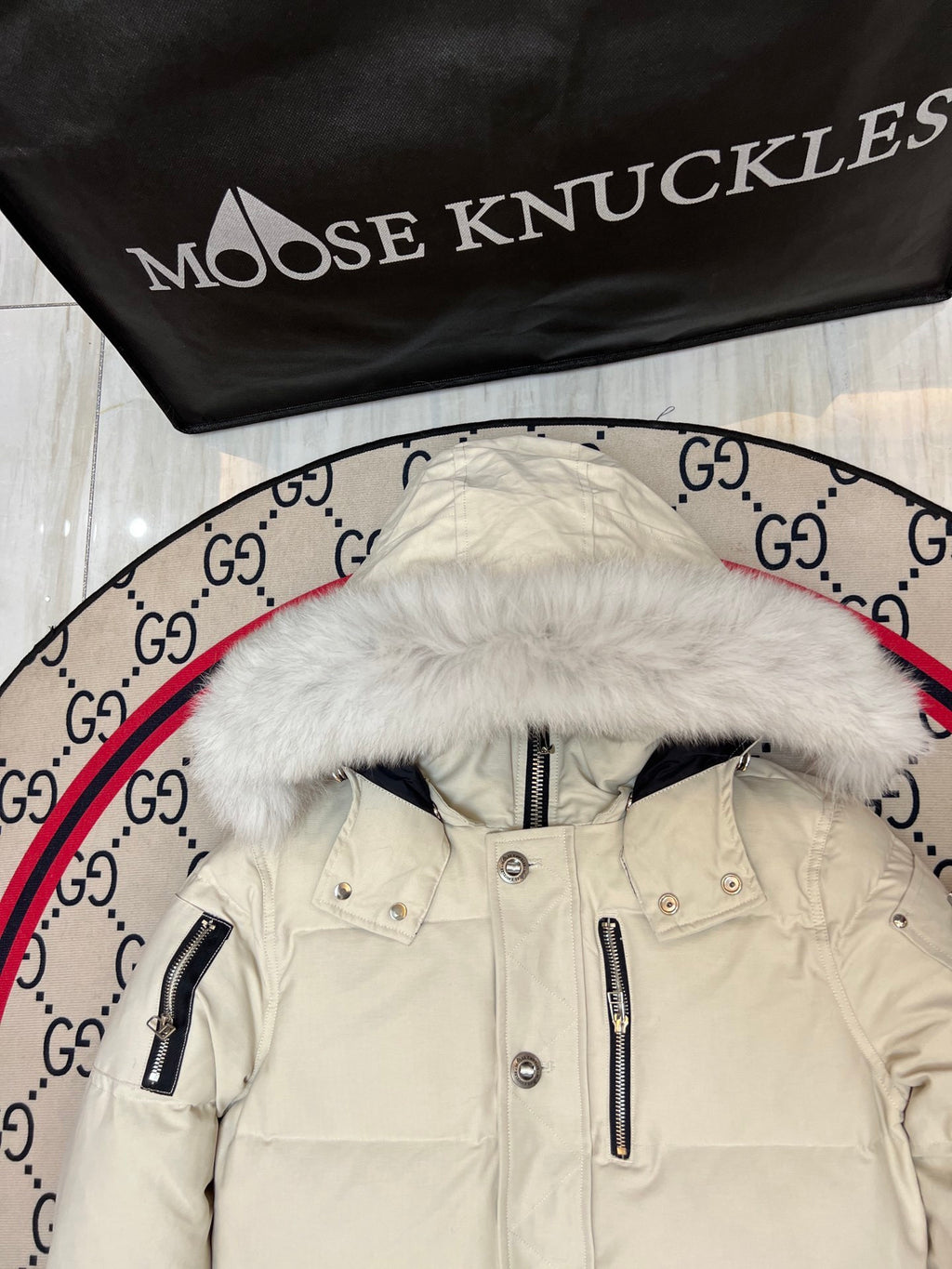 Moose Knuckles Cream Fur-Trimmed Down Parka with Crystal Studs