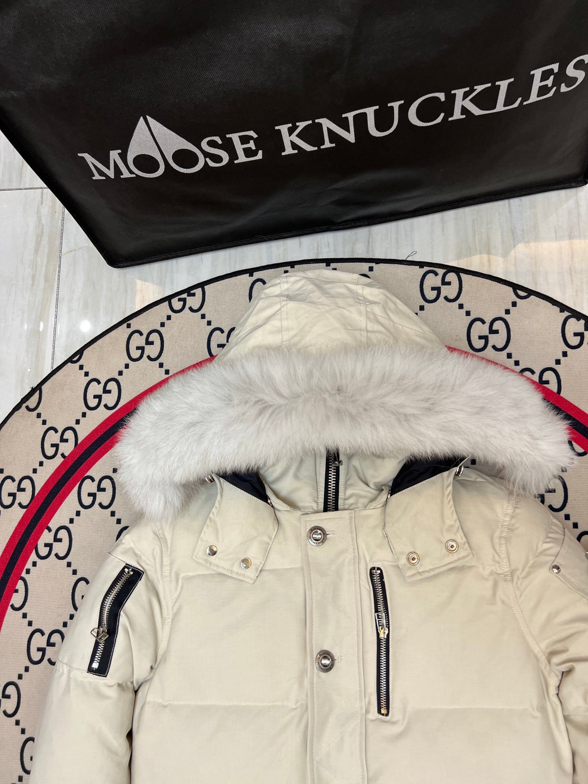 Moose Knuckles Cream Fur-Trimmed Down Parka with Crystal Studs