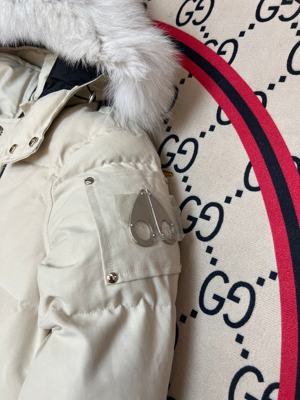 Moose Knuckles Cream Fur-Trimmed Down Parka with Crystal Studs