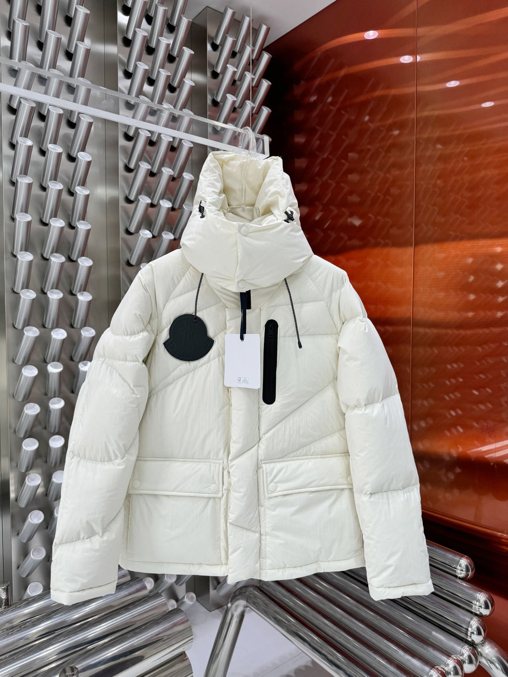 Moncler White Short Down Jacket with Convertible Hood