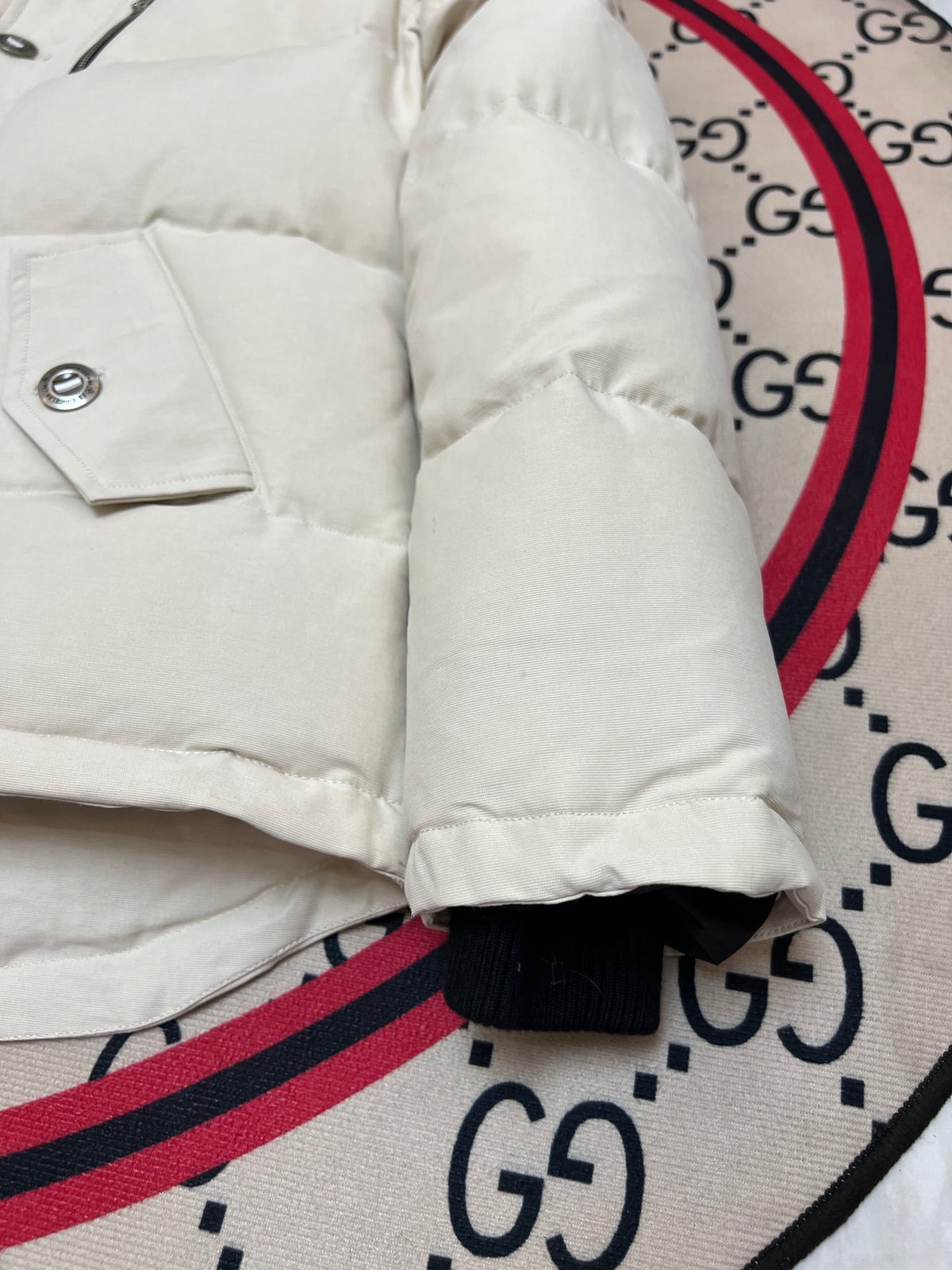 Moose Knuckles Cream Fur-Trimmed Down Parka with Crystal Studs