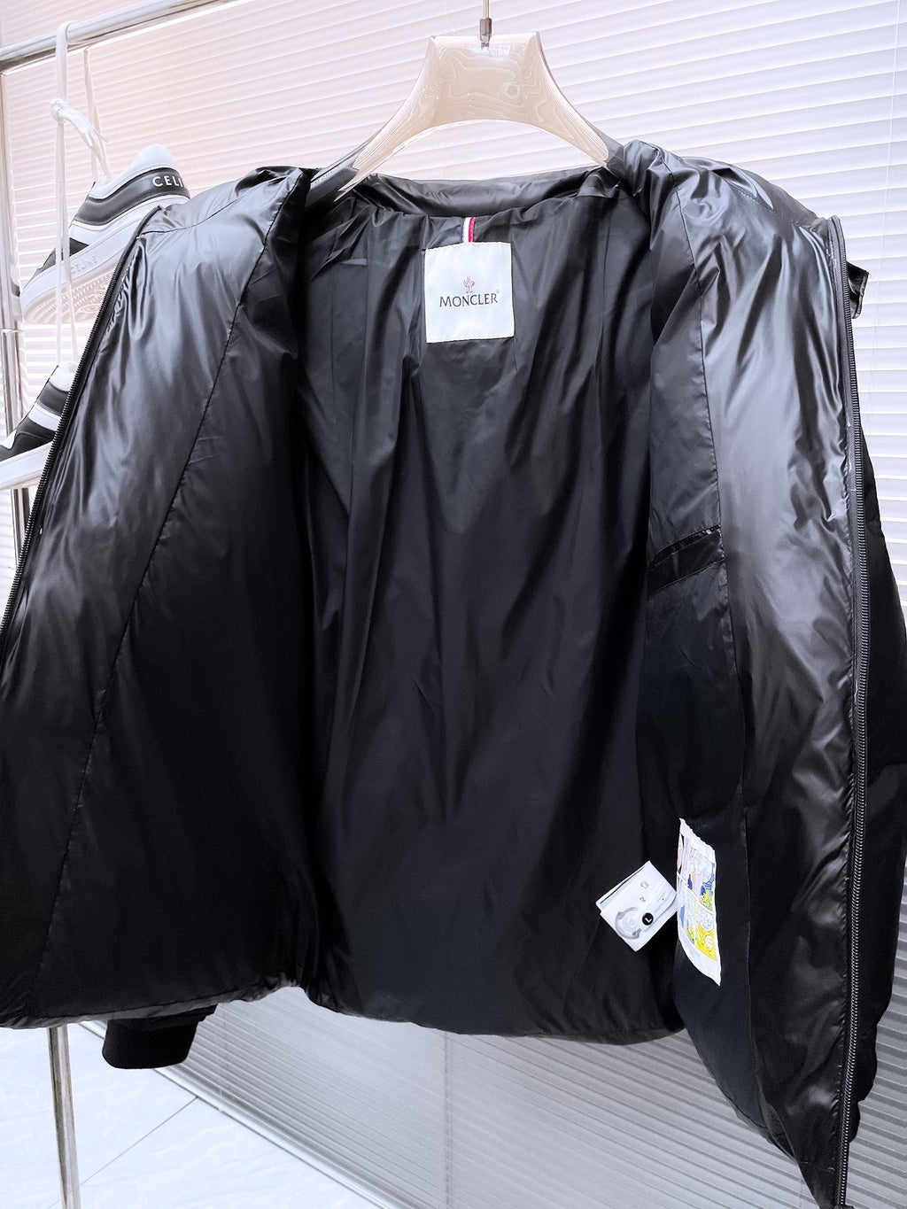 Moncler Black Glossy Oversized Long Down Parka with Red Logo Patch