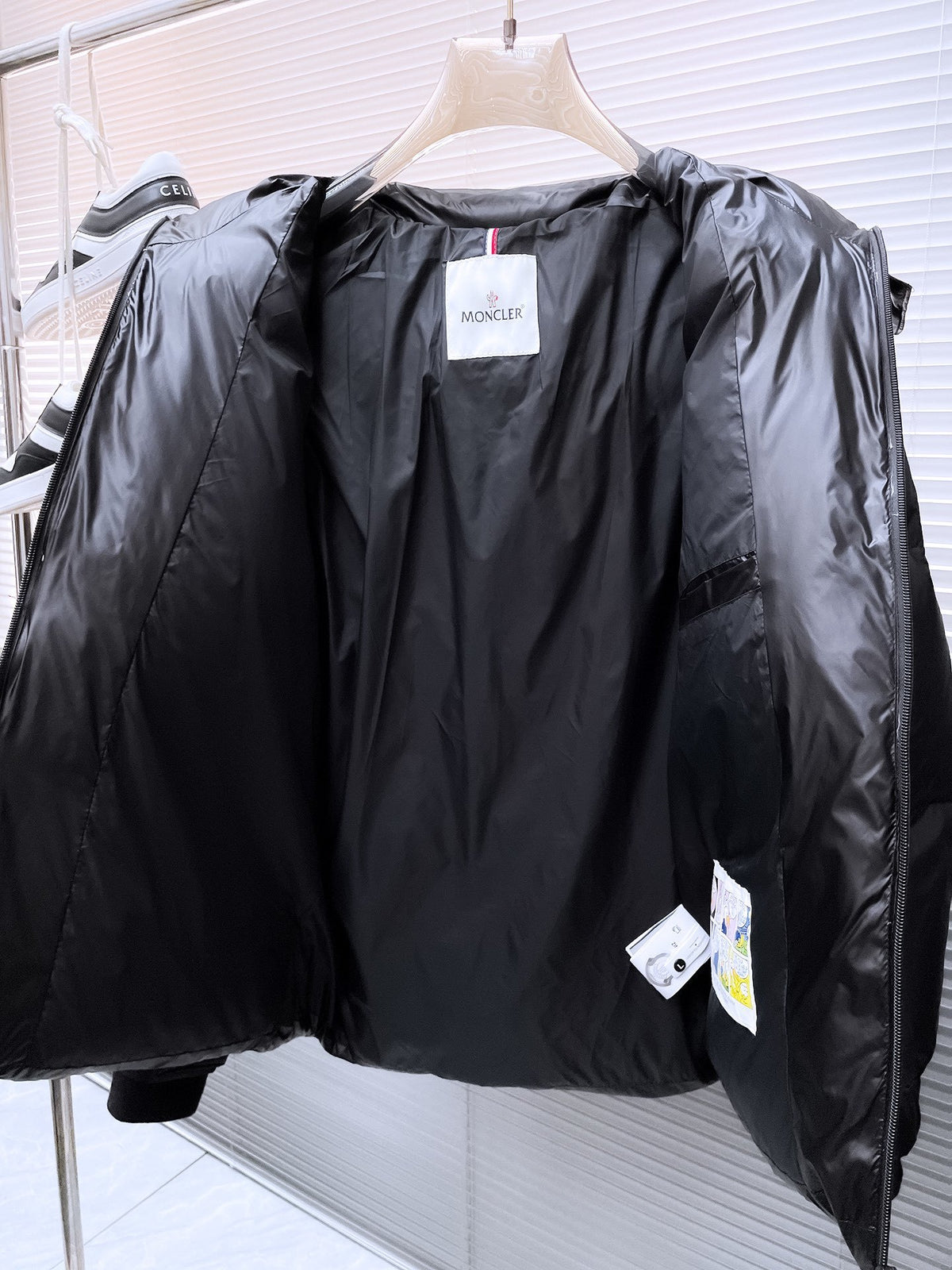 Moncler Black Glossy Oversized Long Down Parka with Red Logo Patch