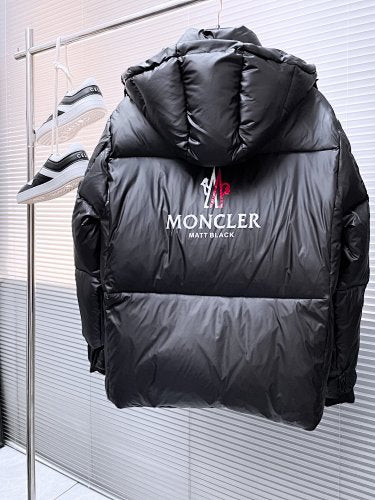 Moncler Black Glossy Oversized Long Down Parka with Red Logo Patch