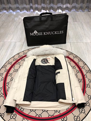 Moose Knuckles Cream Fur-Trimmed Down Parka with Crystal Studs