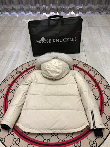 Moose Knuckles Cream Fur-Trimmed Down Parka with Crystal Studs
