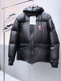 Moncler Black Glossy Oversized Long Down Parka with Red Logo Patch