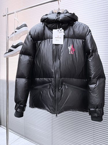 Moncler Black Glossy Oversized Long Down Parka with Red Logo Patch
