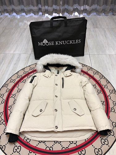 Moose Knuckles Cream Fur-Trimmed Down Parka with Crystal Studs