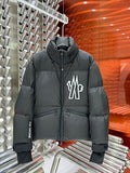 Moncler Black Technical Alpine Down Jacket with Oversized White Logo Print