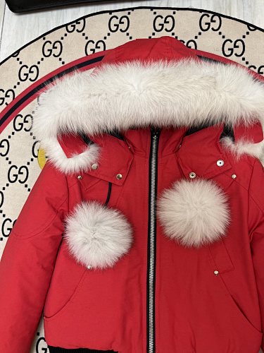 Moose Knuckles Red Crystal Down Jacket with Fur Trim
