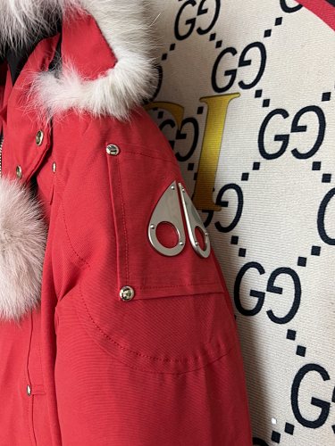 Moose Knuckles Red Crystal Down Jacket with Fur Trim