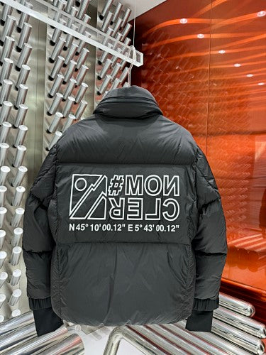 Moncler Black Technical Alpine Down Jacket with Oversized White Logo Print