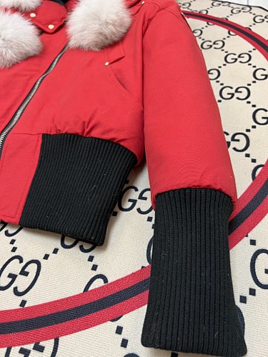 Moose Knuckles Red Crystal Down Jacket with Fur Trim