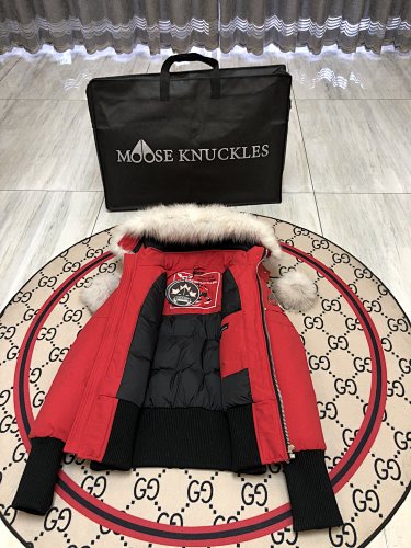 Moose Knuckles Red Crystal Down Jacket with Fur Trim
