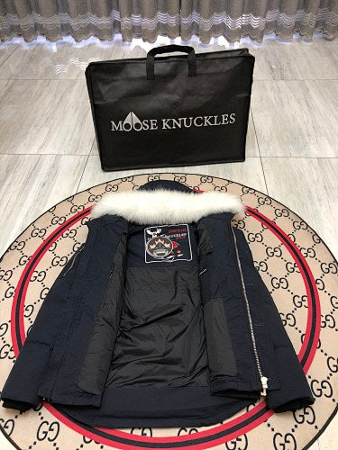 Moose Knuckles Navy Fur-Trimmed Down Parka with Crystal Studs