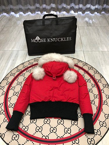 Moose Knuckles Red Crystal Down Jacket with Fur Trim