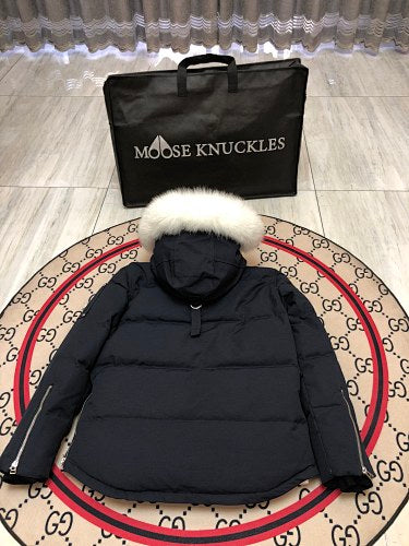 Moose Knuckles Navy Fur-Trimmed Down Parka with Crystal Studs