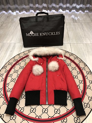 Moose Knuckles Red Crystal Down Jacket with Fur Trim