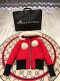 Moose Knuckles Red Crystal Down Jacket with Fur Trim