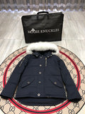 Moose Knuckles Navy Fur-Trimmed Down Parka with Crystal Studs