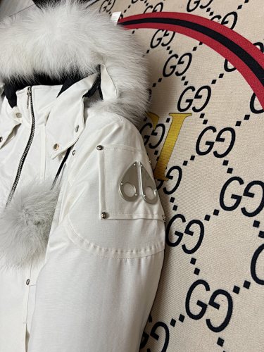 Moose Knuckles White Crystal Down Jacket with Fur Trim