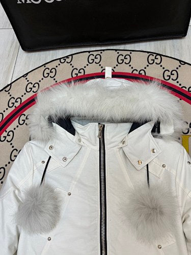 Moose Knuckles White Crystal Down Jacket with Fur Trim