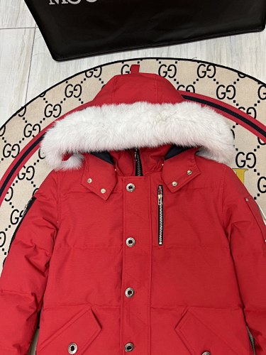 Moose Knuckles Red Fur-Trimmed Down Parka with Crystal Studs