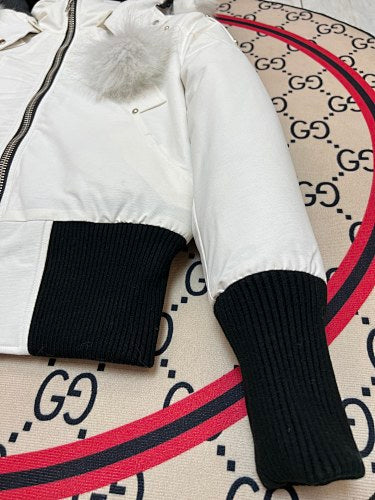 Moose Knuckles White Crystal Down Jacket with Fur Trim