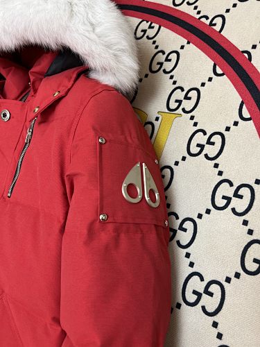 Moose Knuckles Red Fur-Trimmed Down Parka with Crystal Studs