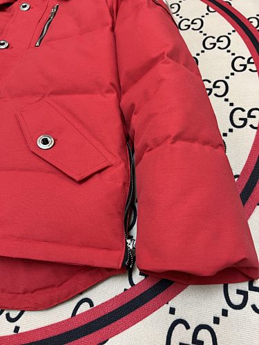 Moose Knuckles Red Fur-Trimmed Down Parka with Crystal Studs
