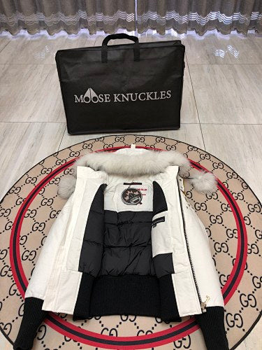 Moose Knuckles White Crystal Down Jacket with Fur Trim