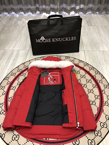Moose Knuckles Red Fur-Trimmed Down Parka with Crystal Studs