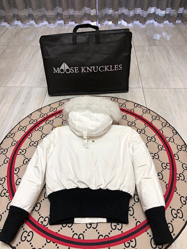 Moose Knuckles White Crystal Down Jacket with Fur Trim