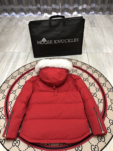 Moose Knuckles Red Fur-Trimmed Down Parka with Crystal Studs