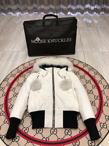 Moose Knuckles White Crystal Down Jacket with Fur Trim