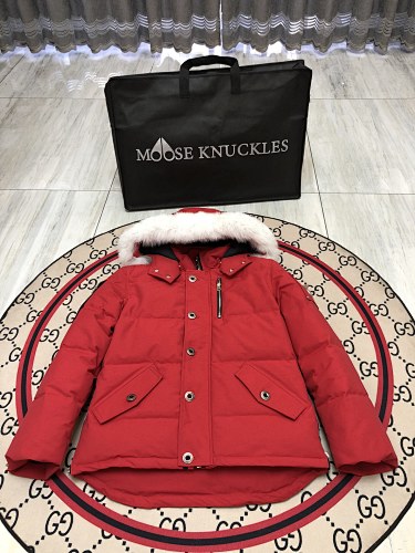Moose Knuckles Red Fur-Trimmed Down Parka with Crystal Studs
