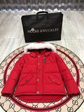 Moose Knuckles Red Fur-Trimmed Down Parka with Crystal Studs