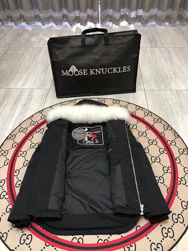 Moose Knuckles Black Fur-Trimmed Down Parka with Crystal Studs