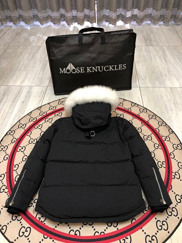 Moose Knuckles Black Fur-Trimmed Down Parka with Crystal Studs