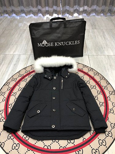 Moose Knuckles Black Fur-Trimmed Down Parka with Crystal Studs