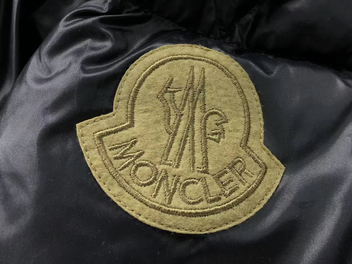 Moncler Black Glossy Stand-Collar Box-Quilted Down Jacket with Oversized Gold Logo Patch