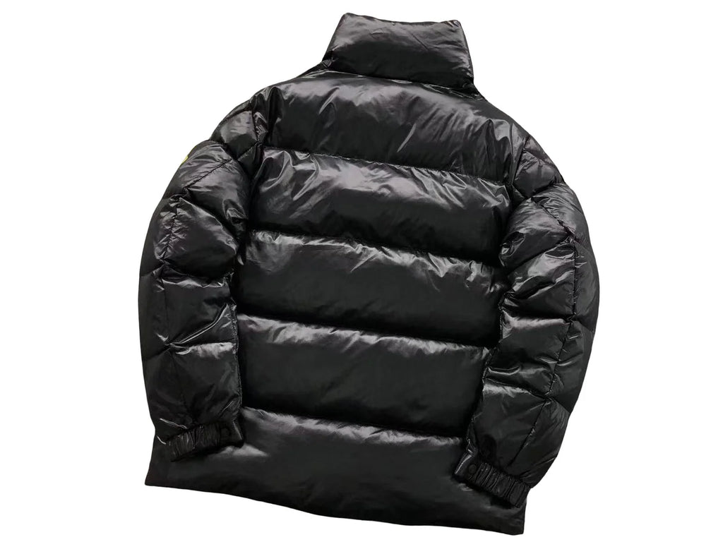Moncler Black Glossy Stand-Collar Box-Quilted Down Jacket with Oversized Gold Logo Patch