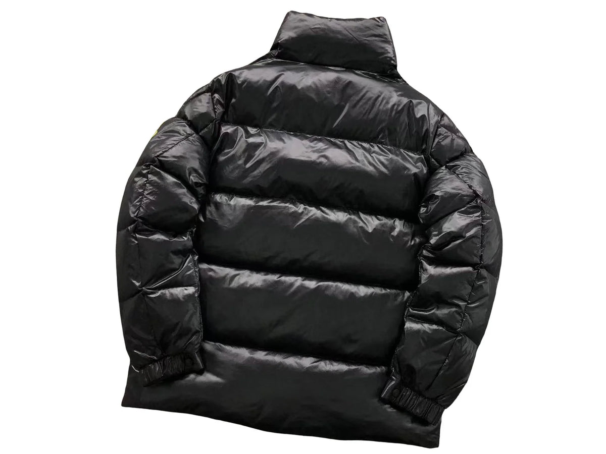 Moncler Black Glossy Stand-Collar Box-Quilted Down Jacket with Oversized Gold Logo Patch