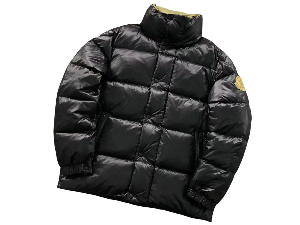 Moncler Black Glossy Stand-Collar Box-Quilted Down Jacket with Oversized Gold Logo Patch